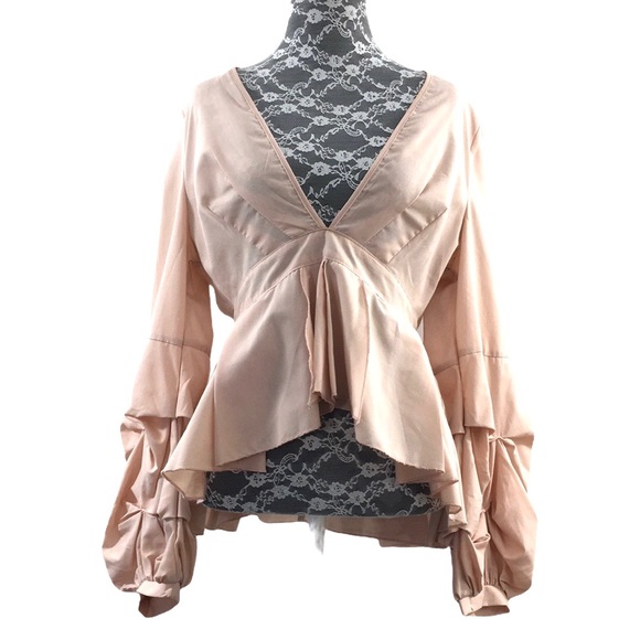 Miss Lili Tops - Miss Lili Pink Ruffle Puff Sleeve Plunge Blouse